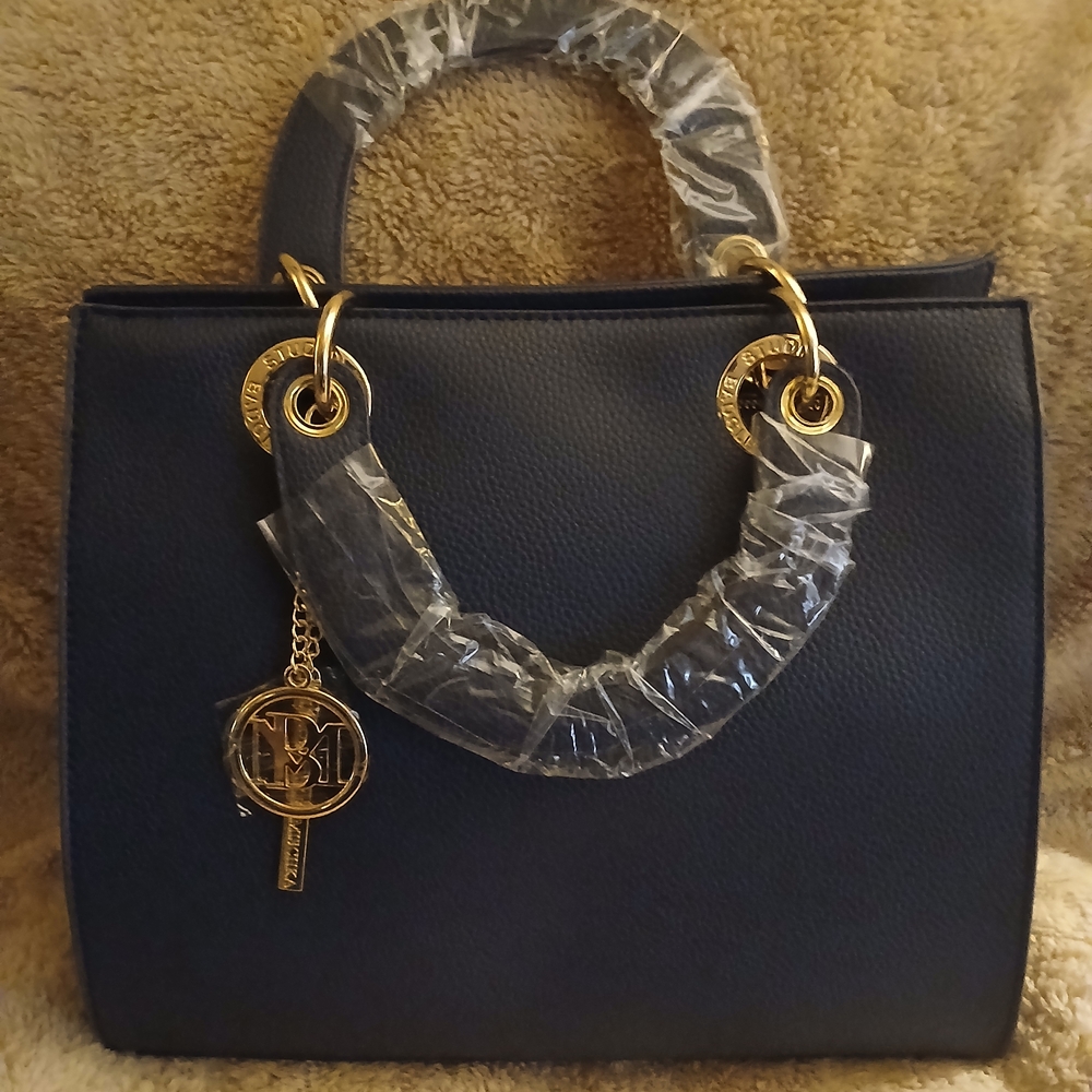 Chic Navy Badgely Mischka Tote Bag with Gold Accents